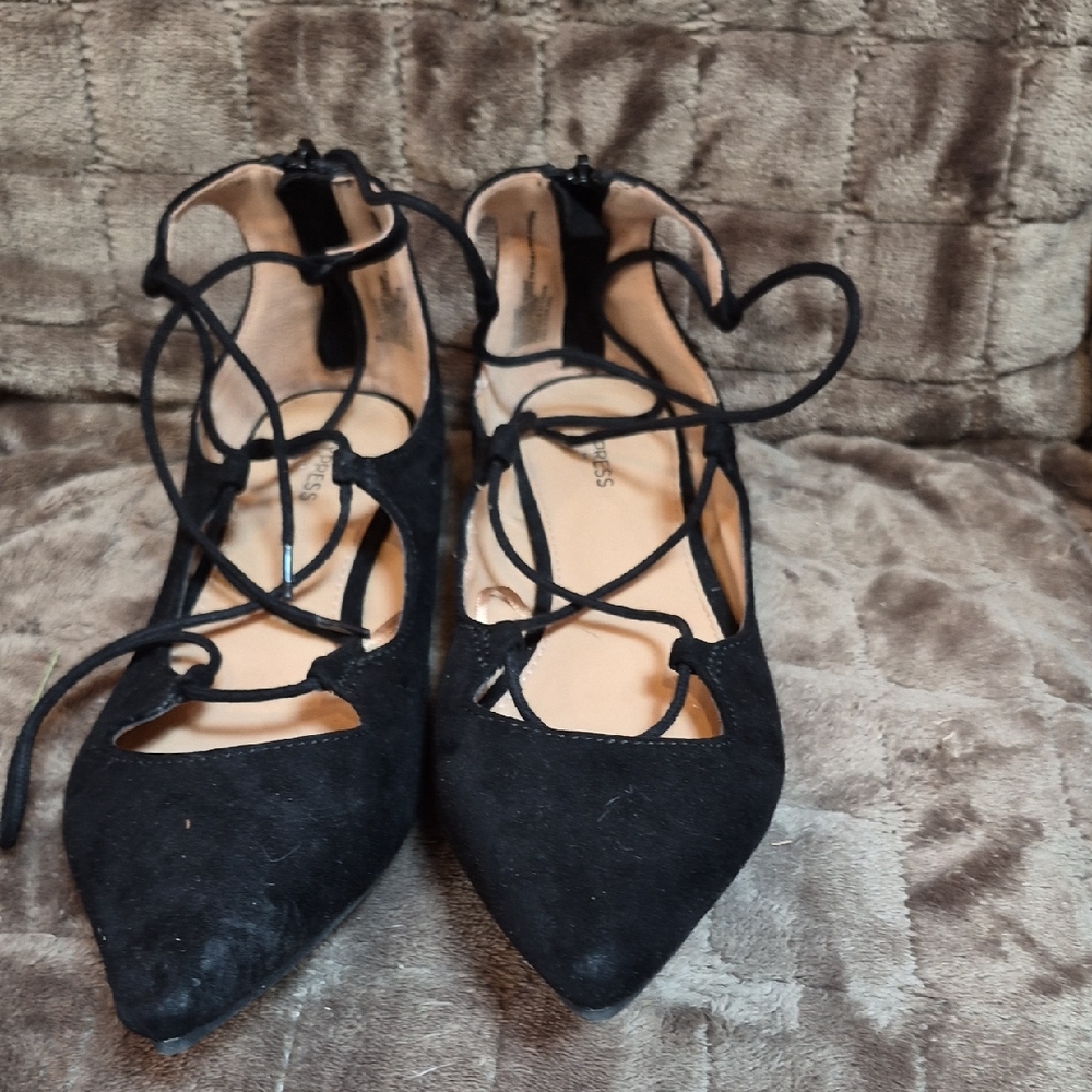 Express Black Pointed Lace-Up Flats